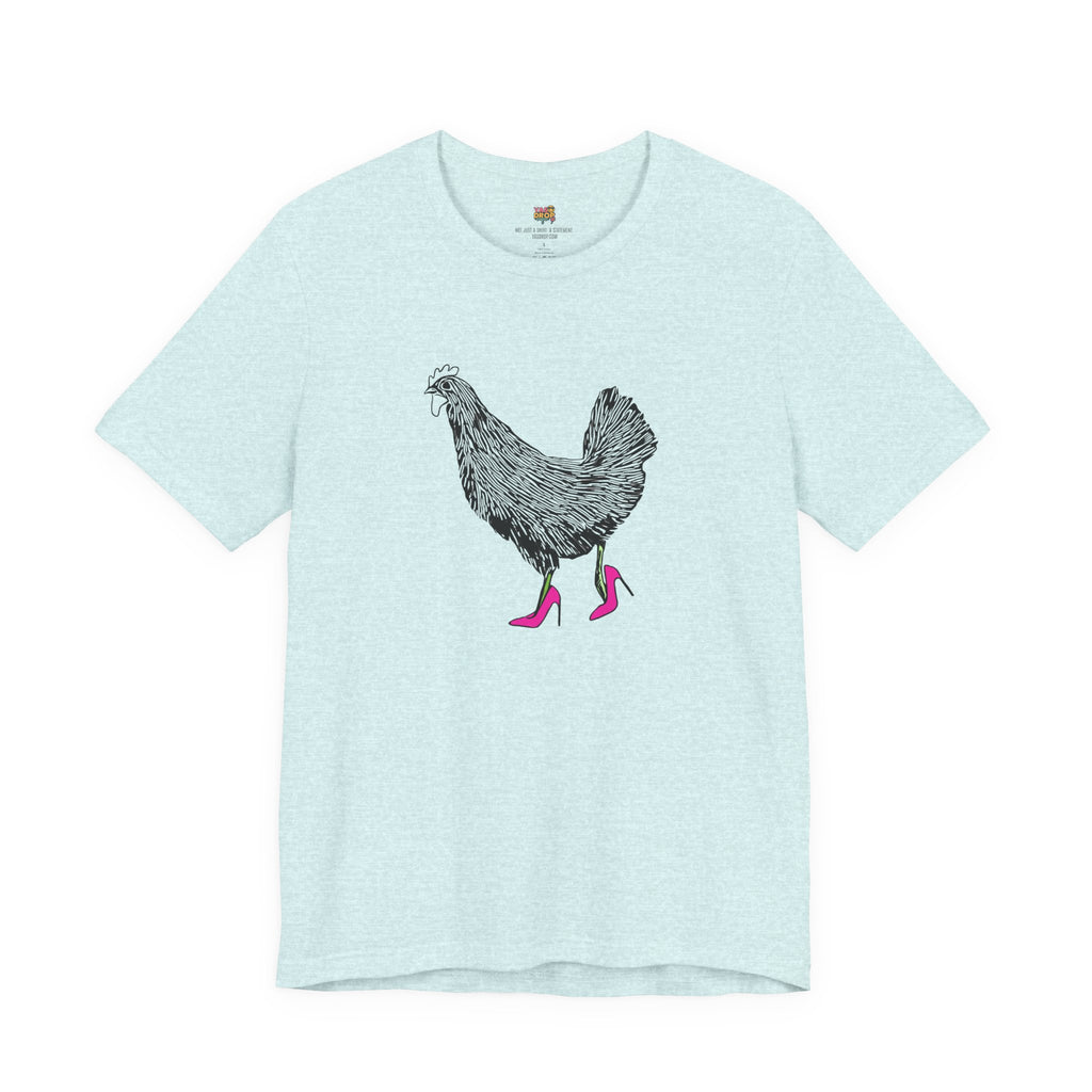 Light blue t-shirt with a chicken graphic wearing high heels on a white background
