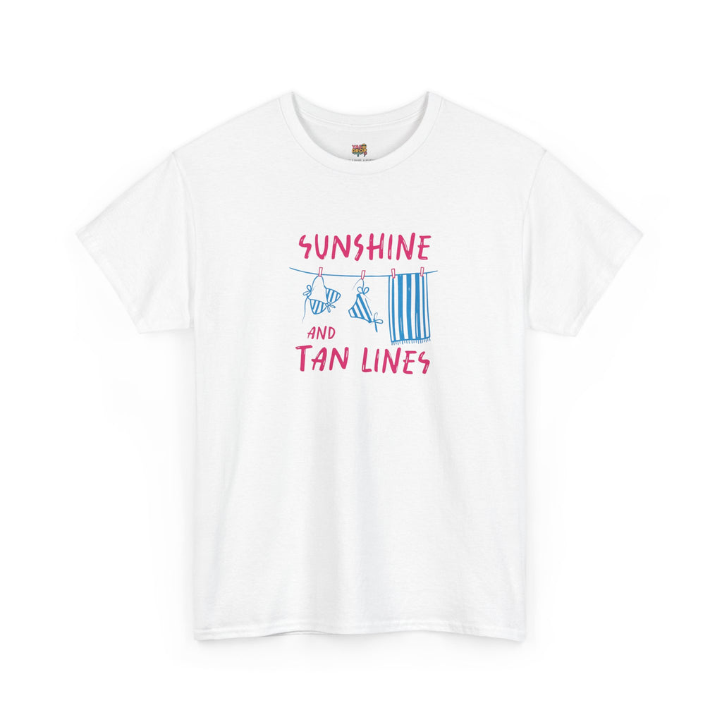 White t-shirt with 'Sunshine and Tan Lines' text and beach towel graphic on a white background