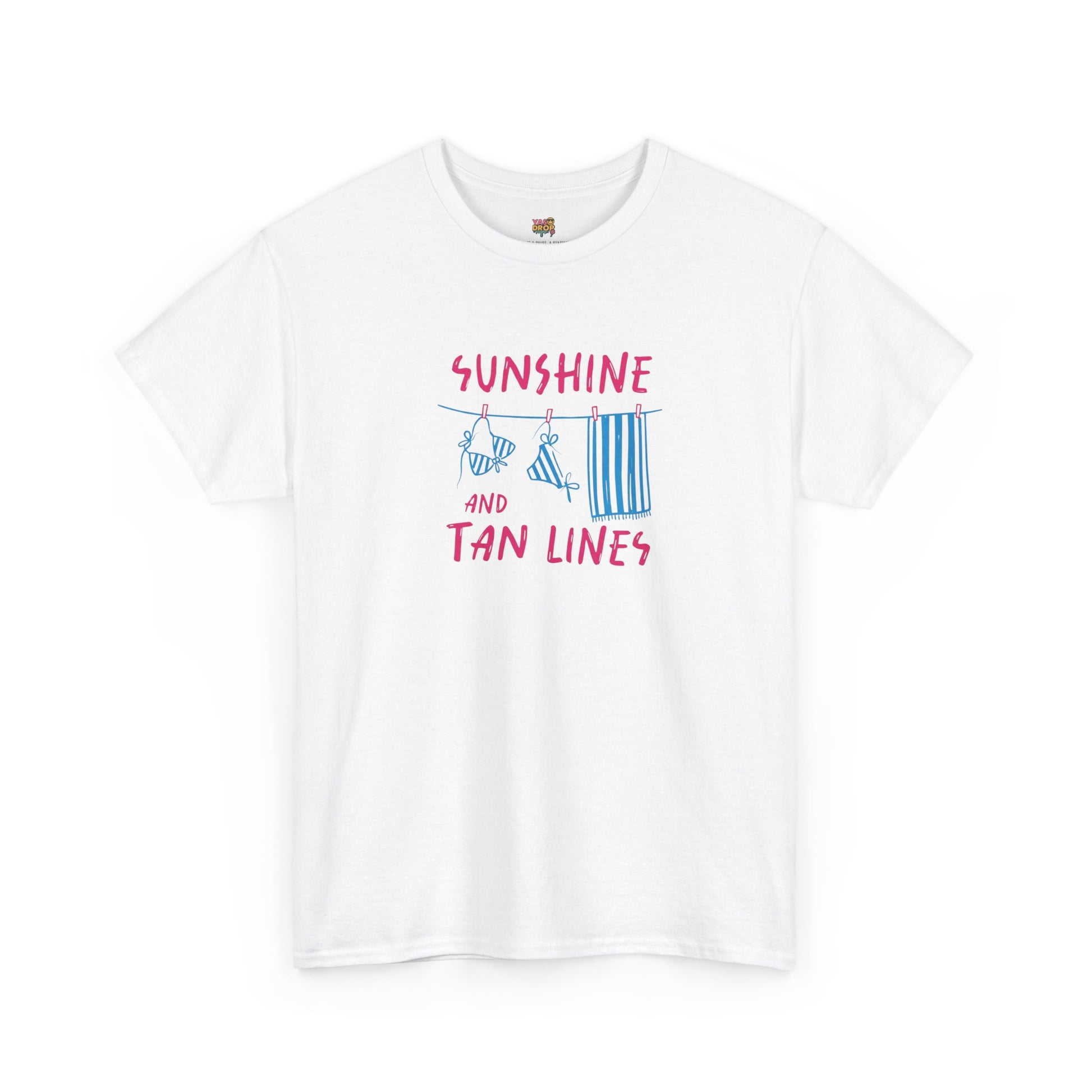 White t-shirt with 'Sunshine and Tan Lines' text and beach towel graphic on a white background