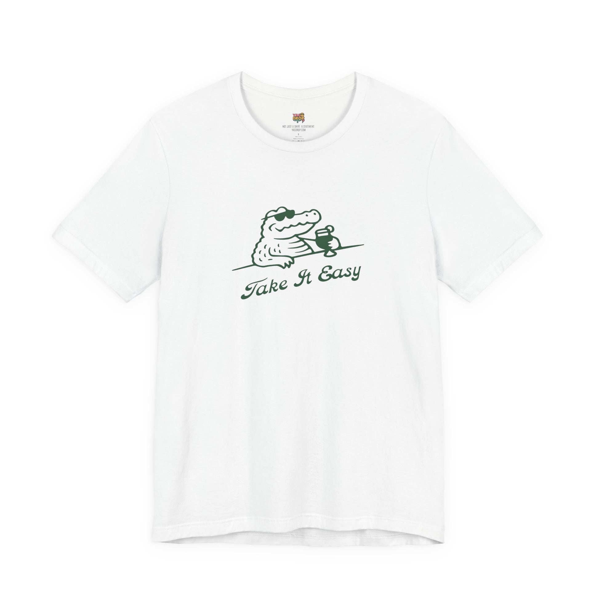 White t-shirt with chill crocodile graphic and text 'Take It Easy' on a white background