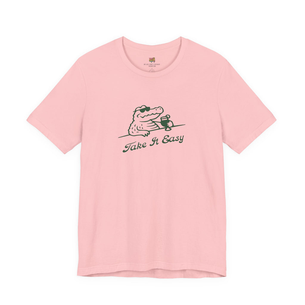 Take It Easy Crocodile Graphic Tee - Retro Aesthetic Vintage White Streetwear Shirt pink