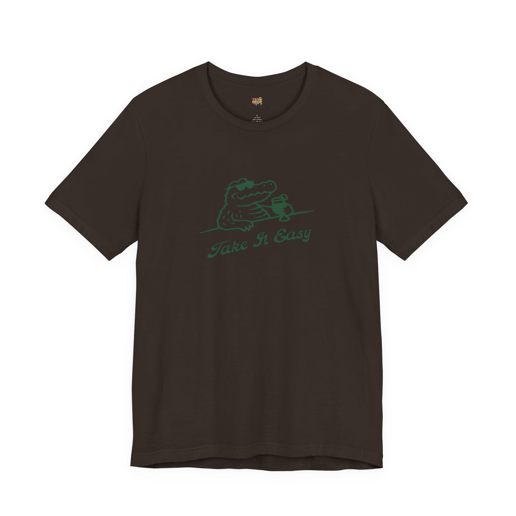 Take It Easy Crocodile Graphic Tee - Retro Aesthetic Vintage White Streetwear Shirt brown