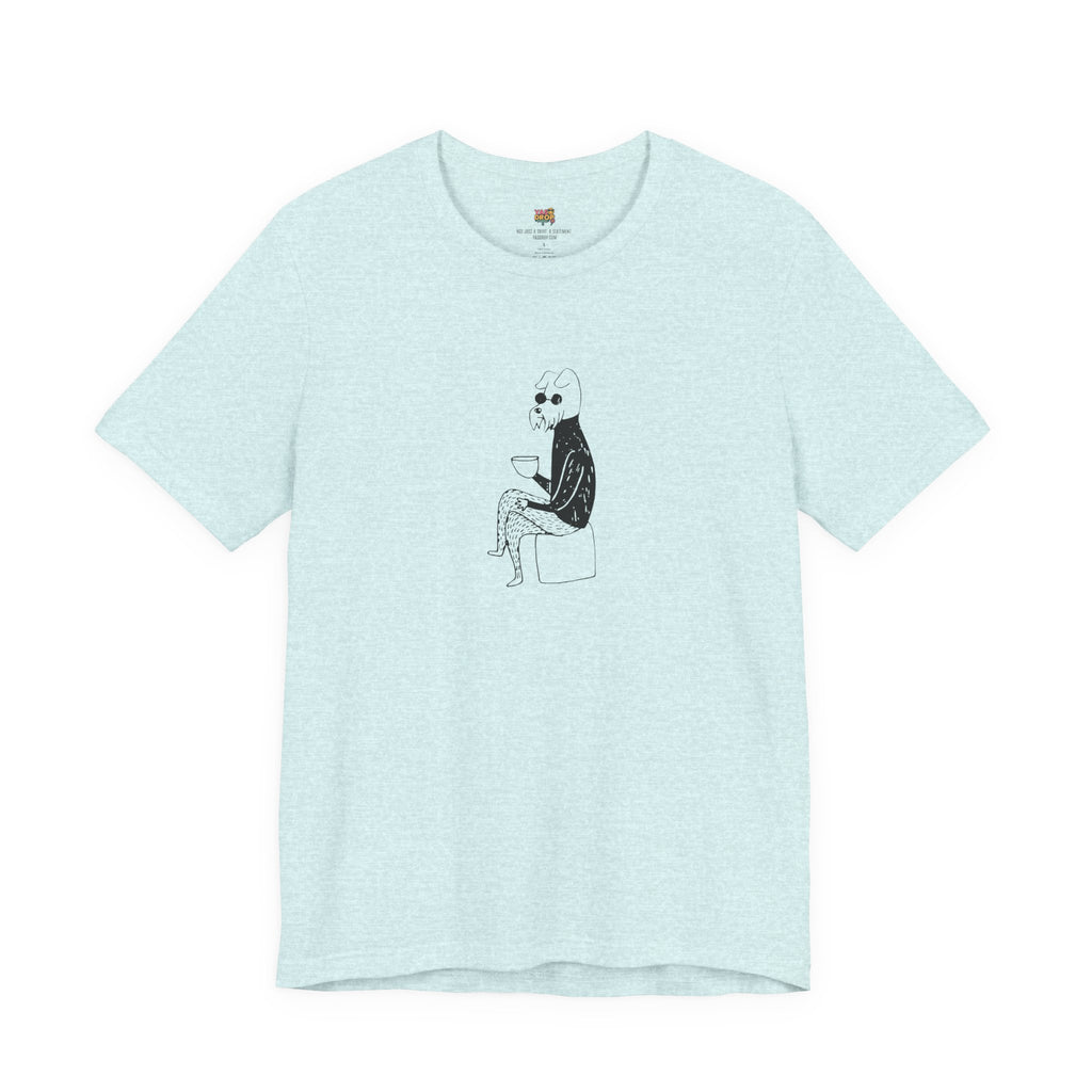 Light blue t-shirt with a graphic of a dog sitting on a box on a white background