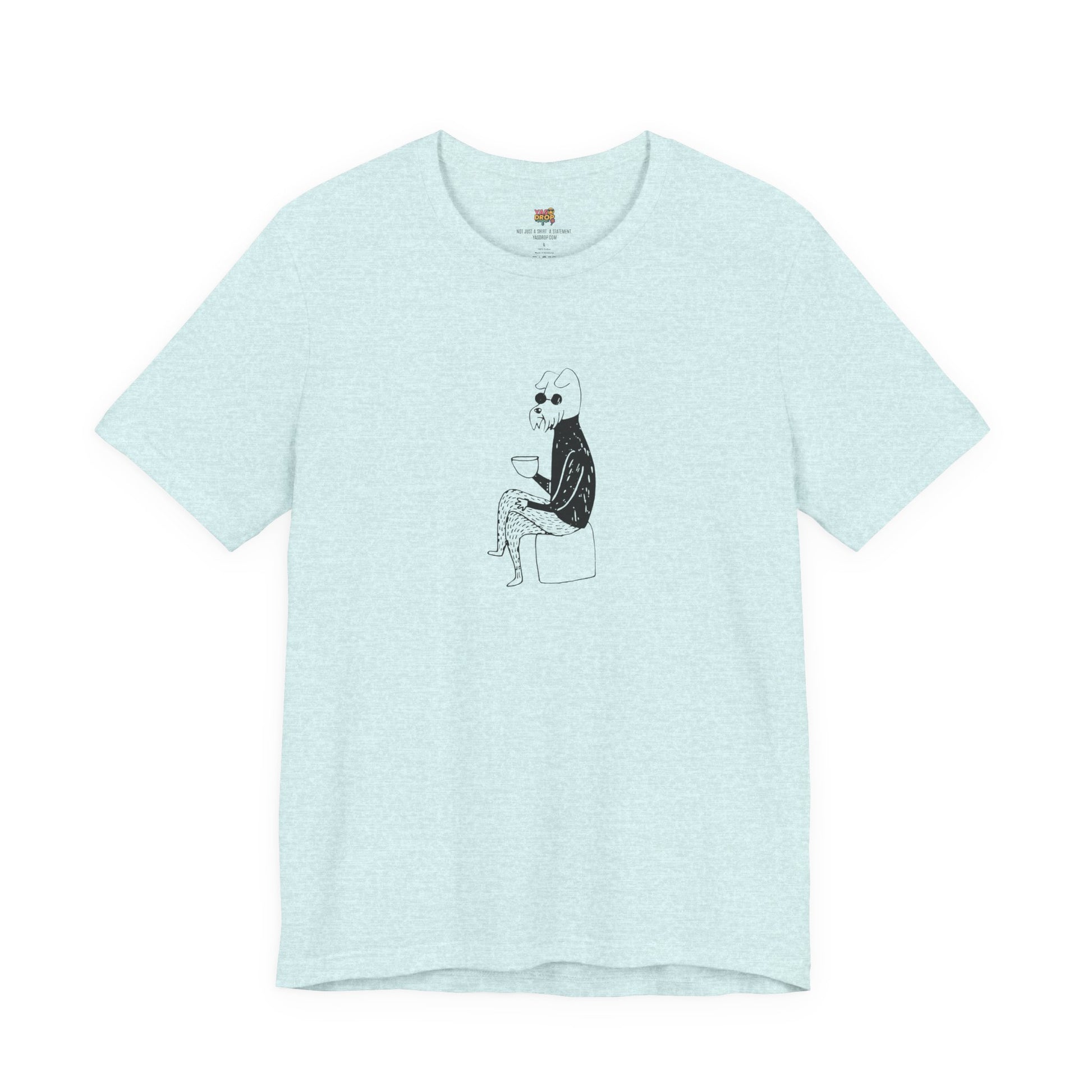 Light blue t-shirt with a graphic of a dog sitting on a box on a white background