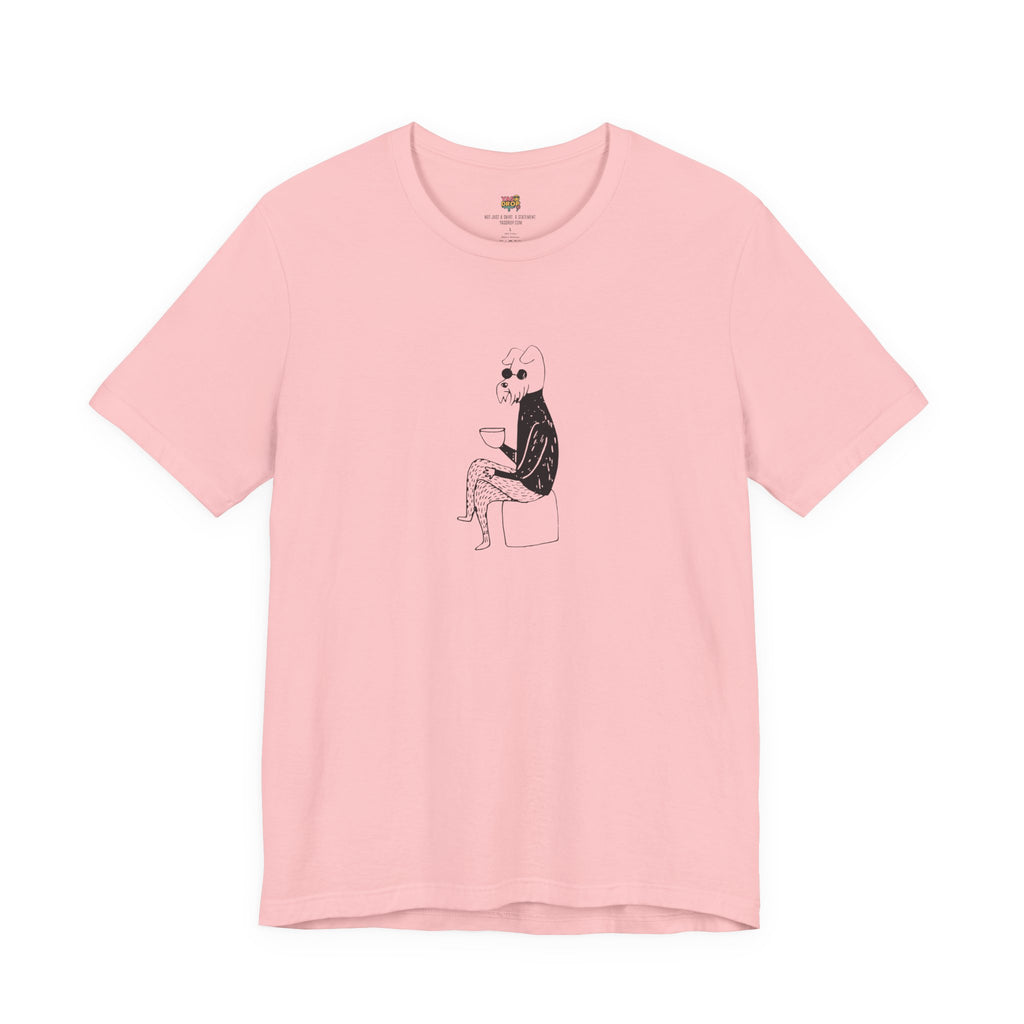 Pink t-shirt with a graphic of a dog sitting on a box on a white background