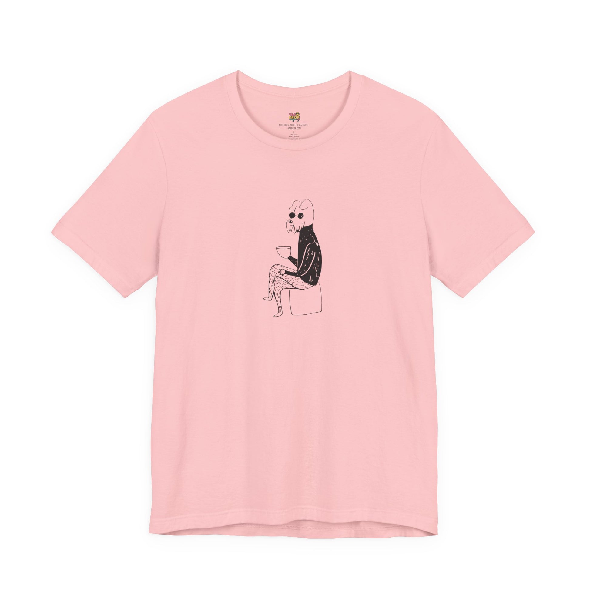 Pink t-shirt with a graphic of a dog sitting on a box on a white background