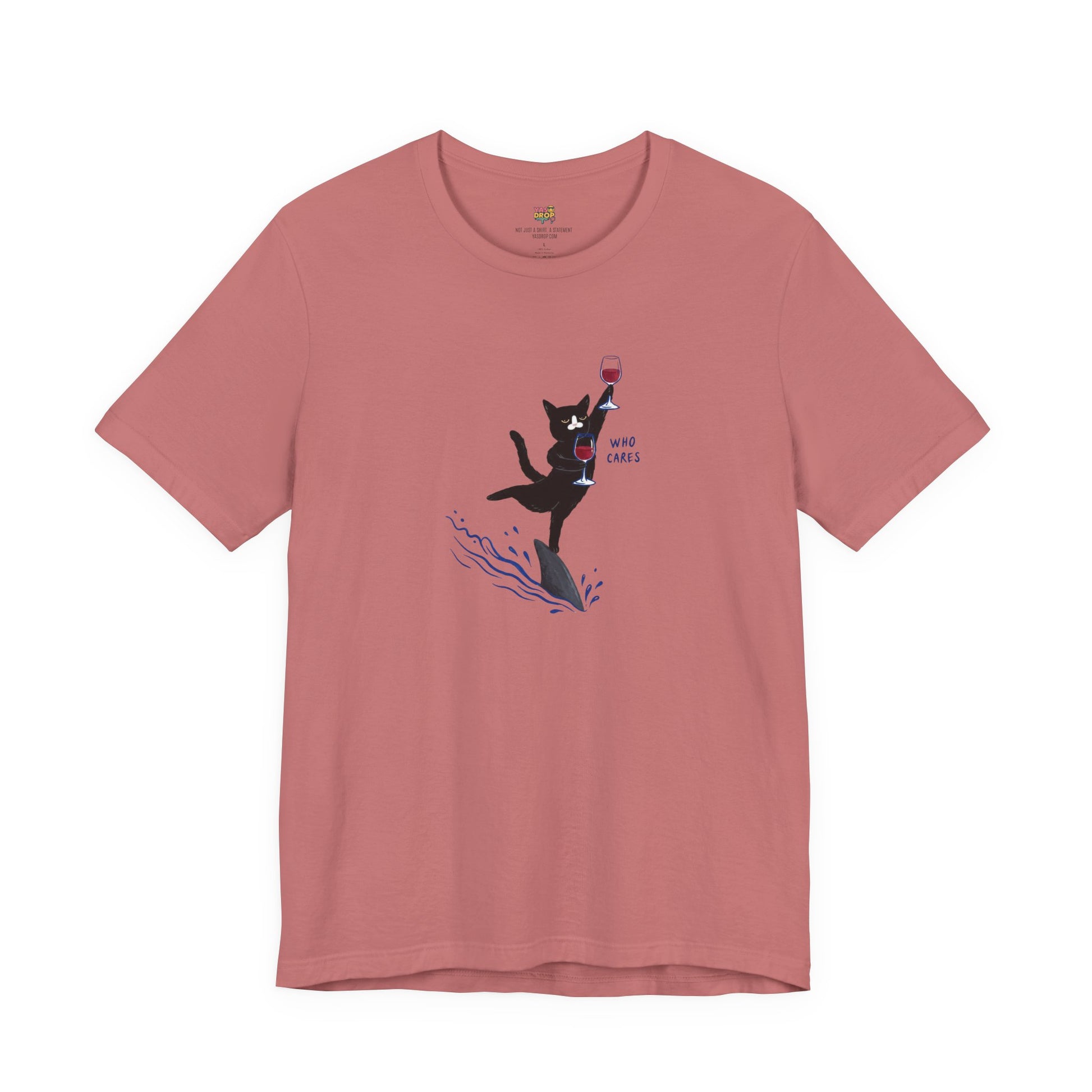 "Who Cares" Cat Surfing on Shark Graphic Tee brick