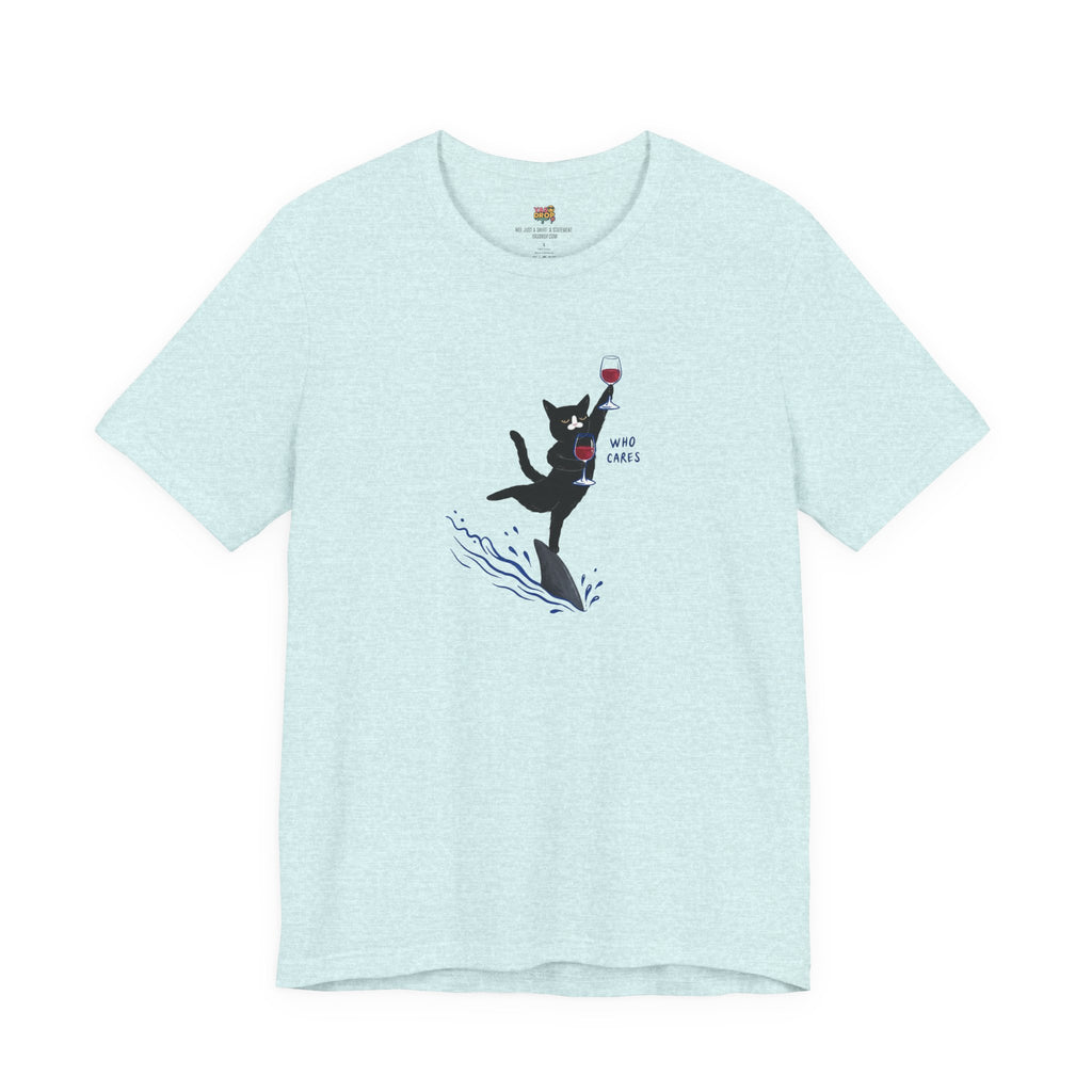 "Who Cares" Cat Surfing on Shark Graphic Tee light blue