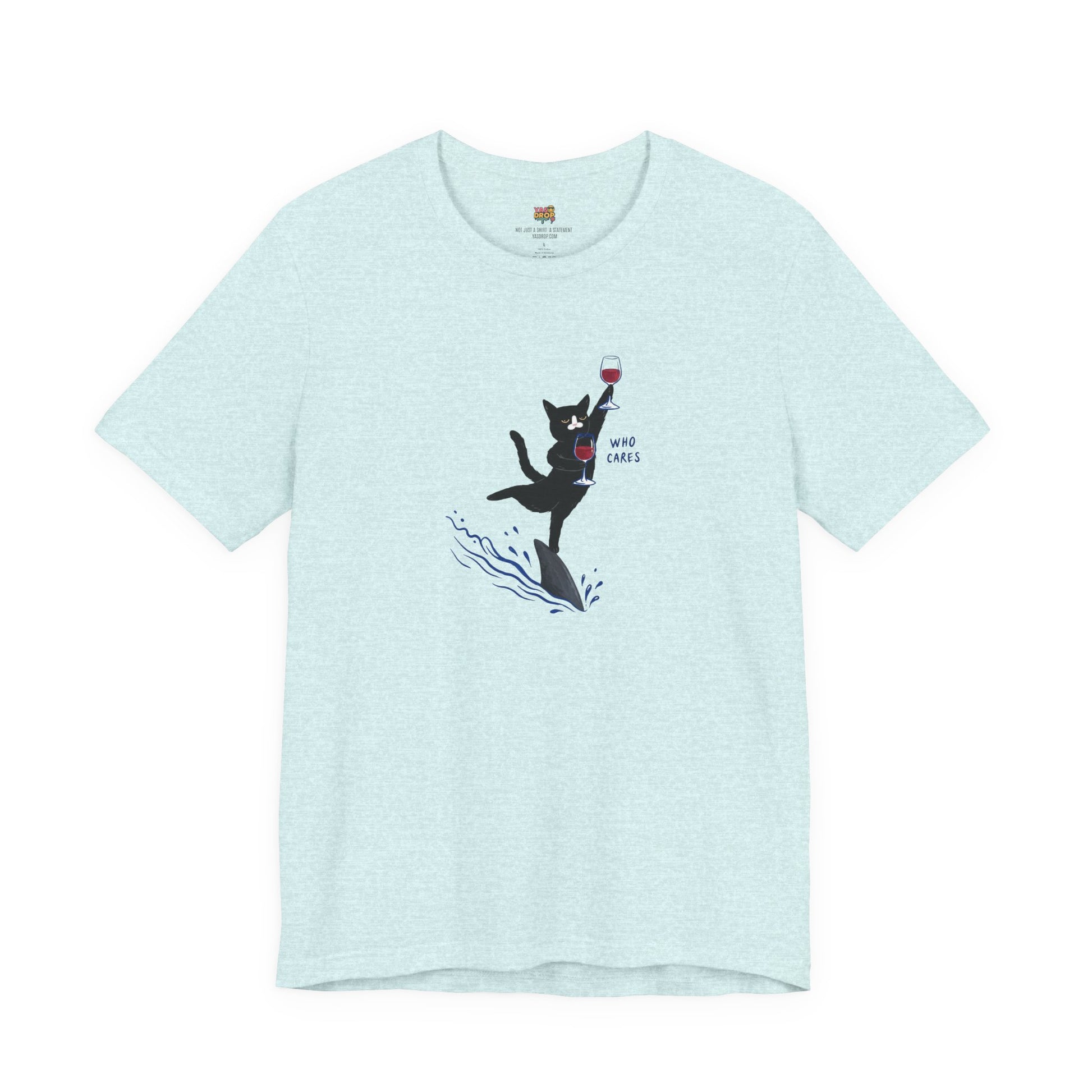 "Who Cares" Cat Surfing on Shark Graphic Tee light blue