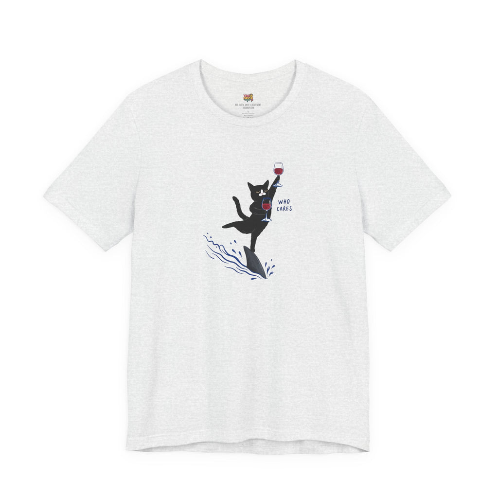 "Who Cares" Cat Surfing on Shark Graphic Tee natural white