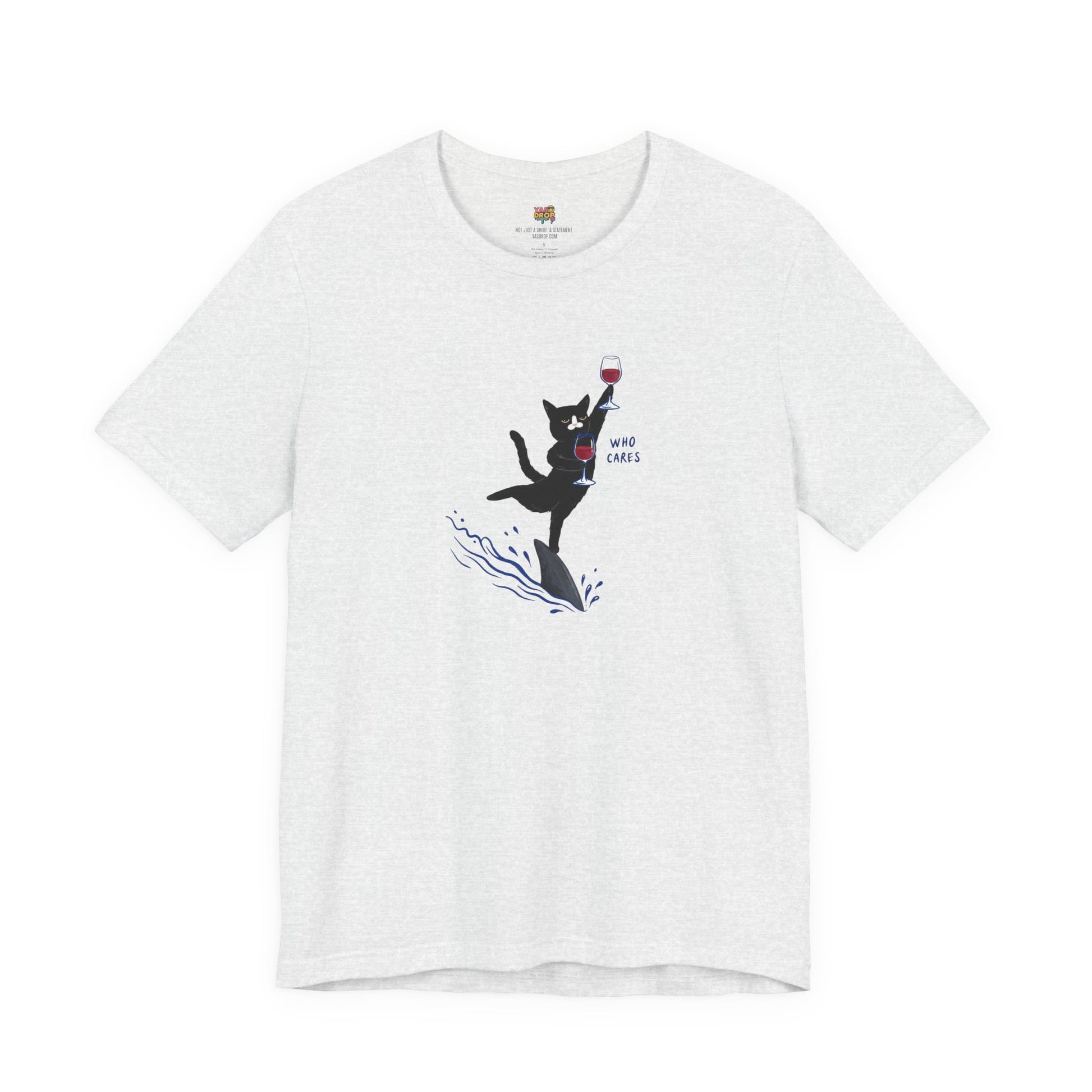 "Who Cares" Cat Surfing on Shark Graphic Tee natural white