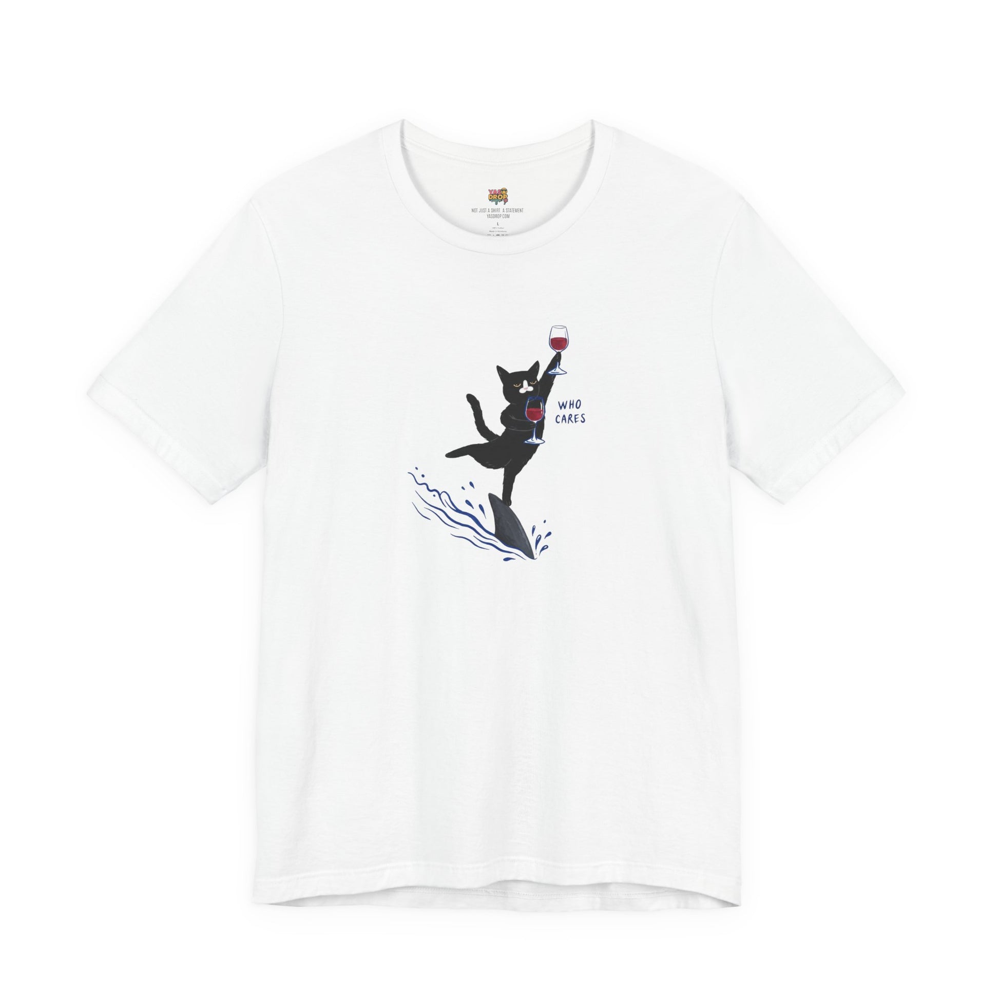 "Who Cares" Cat Surfing on Shark Graphic Tee white